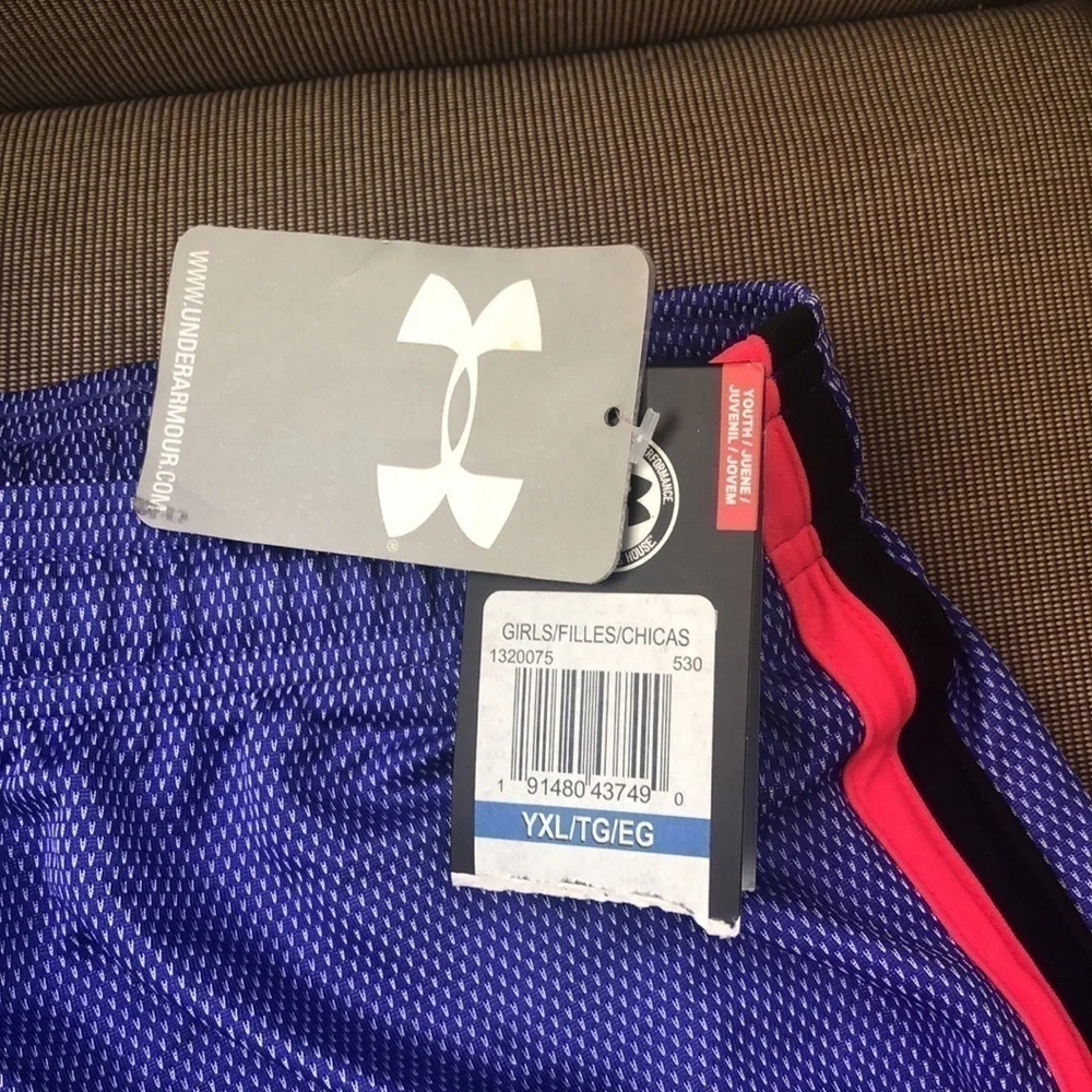 NWT Under Armour girls workout shorts hot pink black purple blue & white stripe